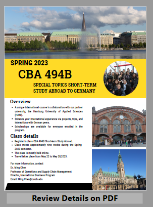 CBA 494B Short Term Study Abroad see Flyer PDF for Details