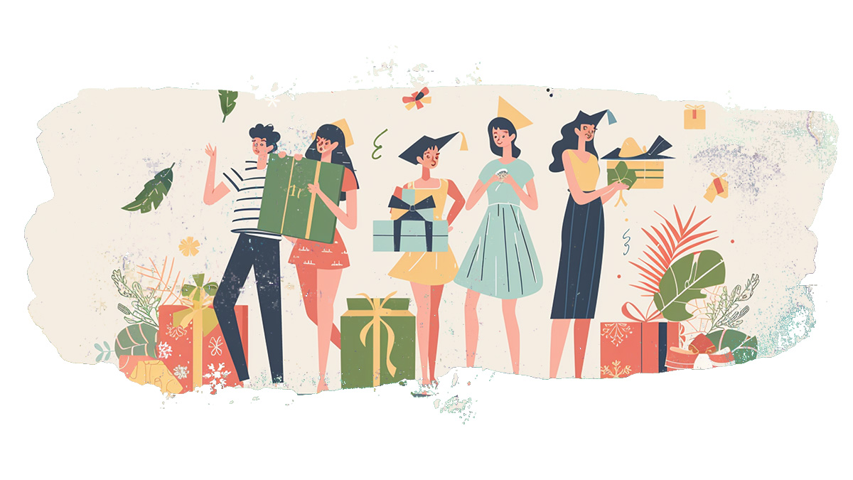 Illustration of students holding gifts