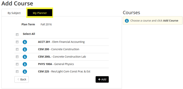 Screenshot of the Add Course window, highlighting the "My Pl