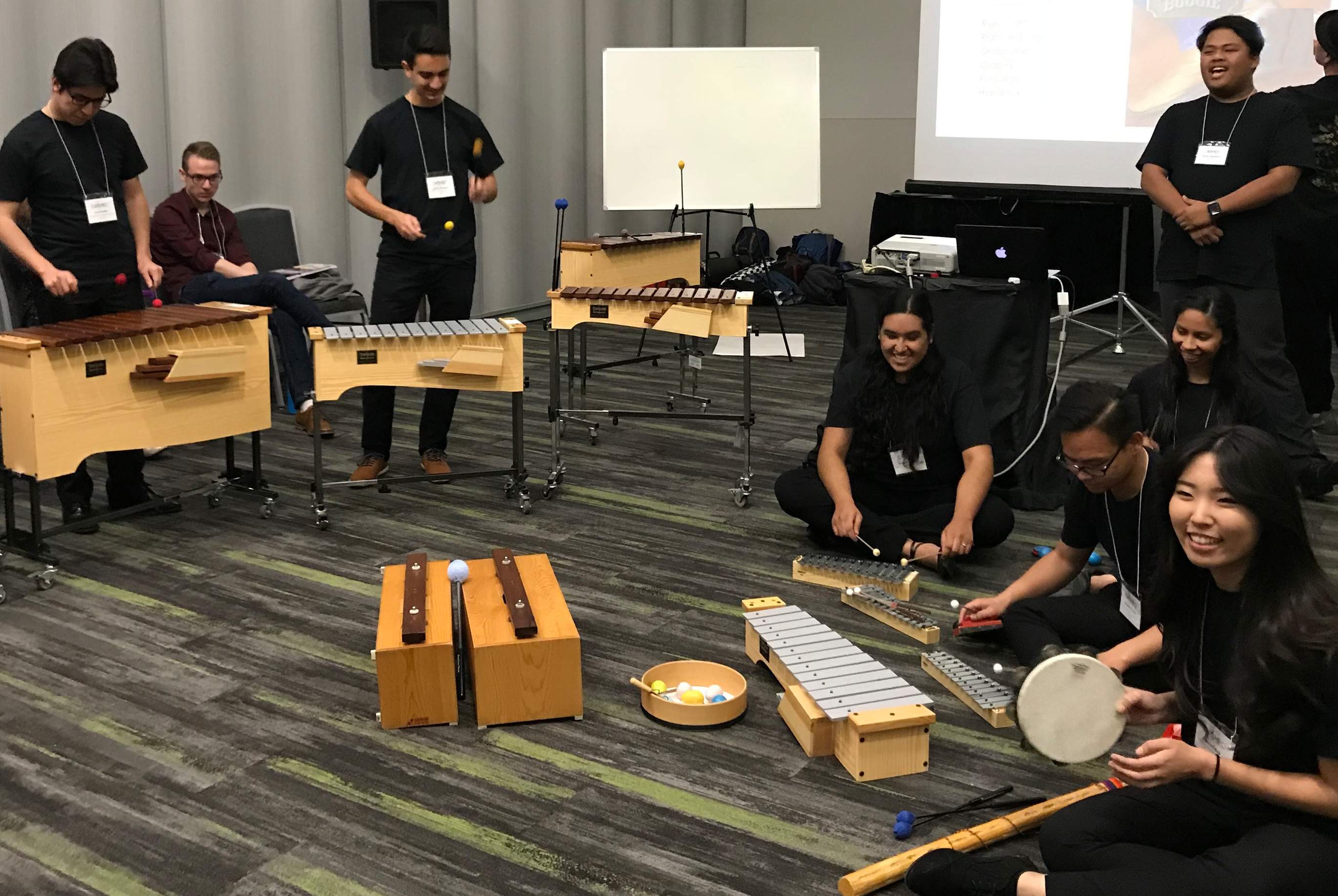 Music Education students demonstrate culturally responsive pedagogy in action by performing personal Orff arrangements based on songs from their own childhood inspiration. (CASMEC, 2018)