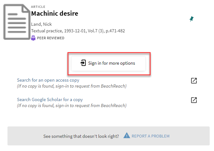 screenshot of a catalog record for "Machinic Desire" by Nick Land with a red rectangle highlighting the 'Sign in for more options' button