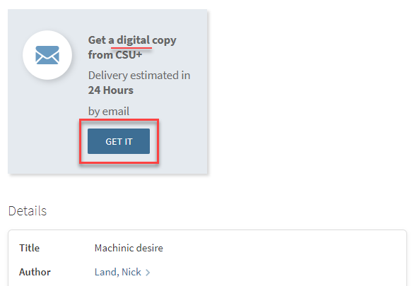 screenshot of a catalog record for "Machinic Desire" by Nick Land with a red rectangle highlighting the 'GET IT' button