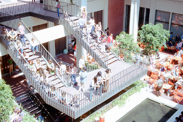 USU center courtyard with students 1970s