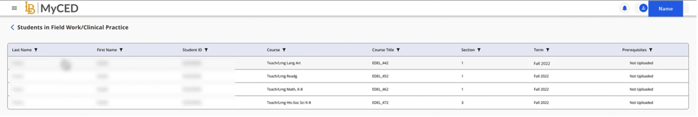 MyCED Field work practice table screenshot