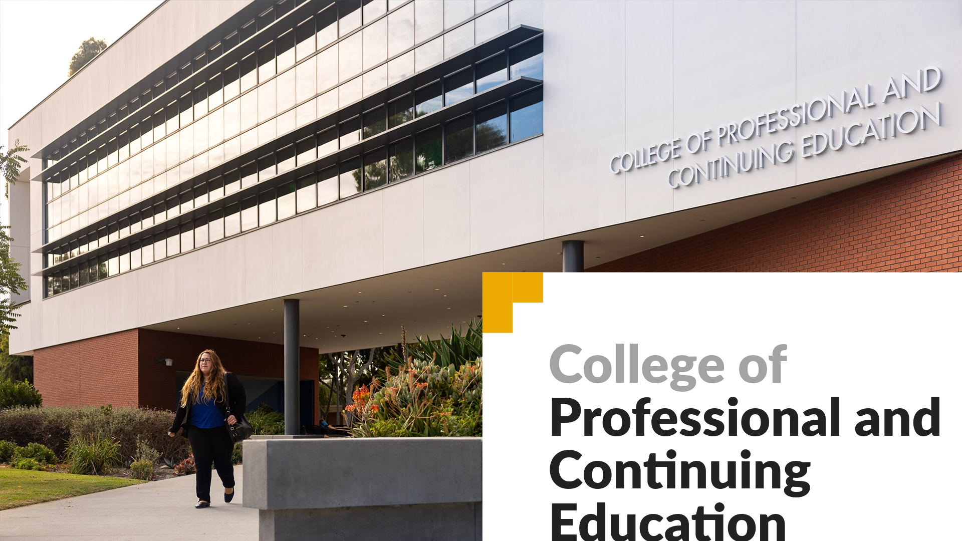College of Professional and Continuing Education. Image shows a woman walking in front of the College of Professional and Continuing Education building. 