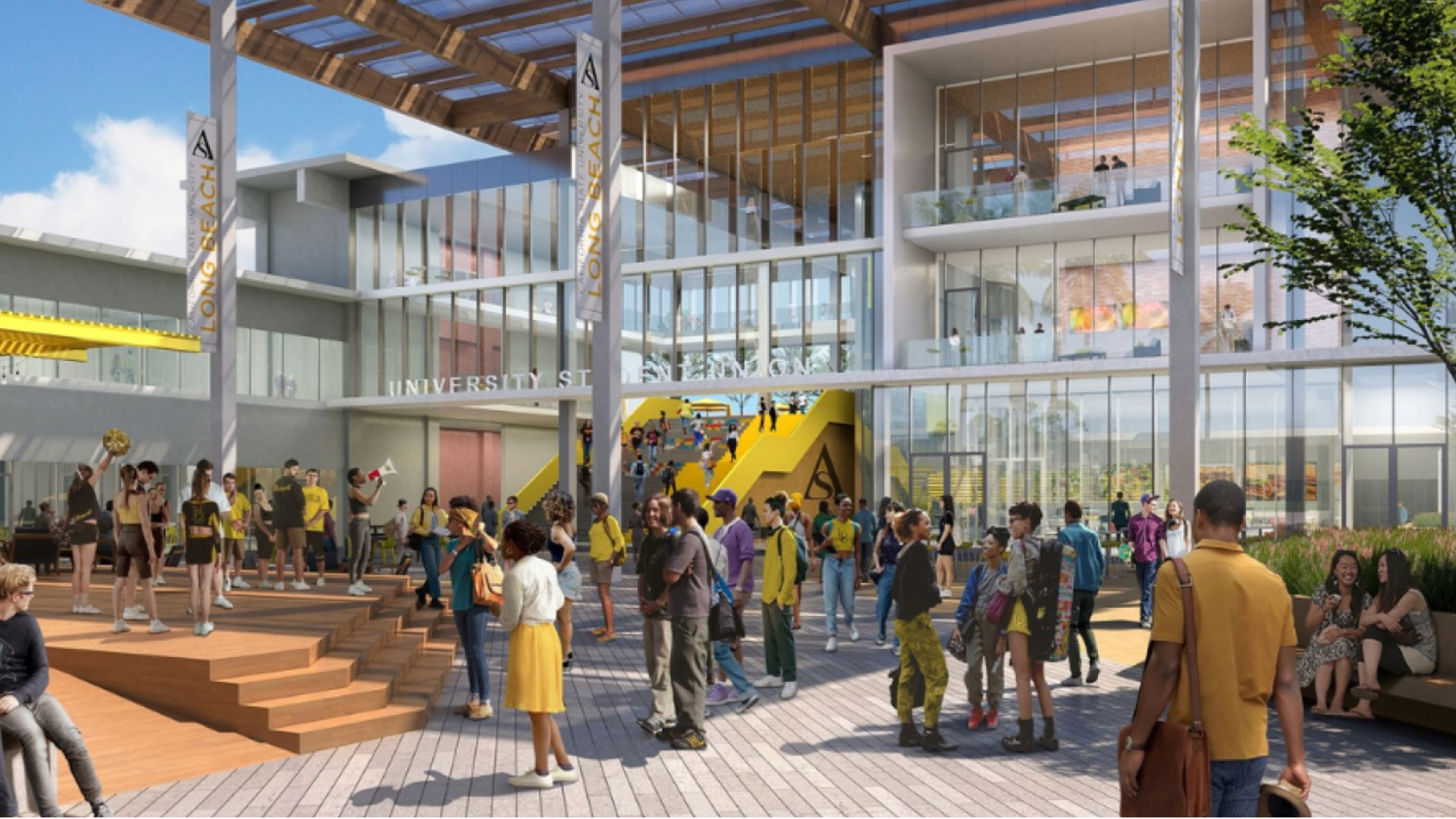 A rendering of the Future U renovation shows students walking through a courtyard of a remodeled student union.
