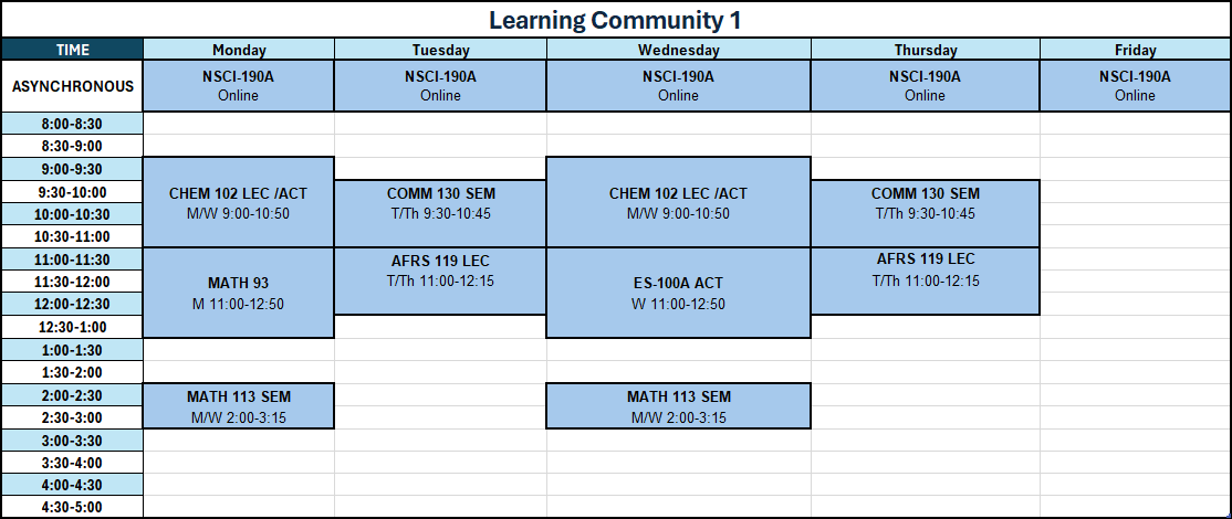 Fall 2024 schedule for Learning Community 1