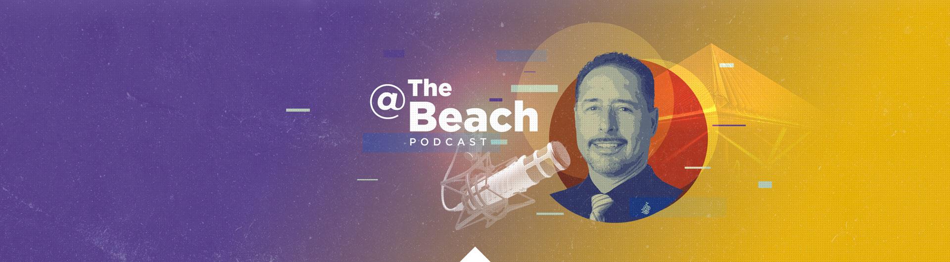 The @The Beach Podcast Logo, showing Vice President of University Relations and Development Dan Montoya with a microphone graphic