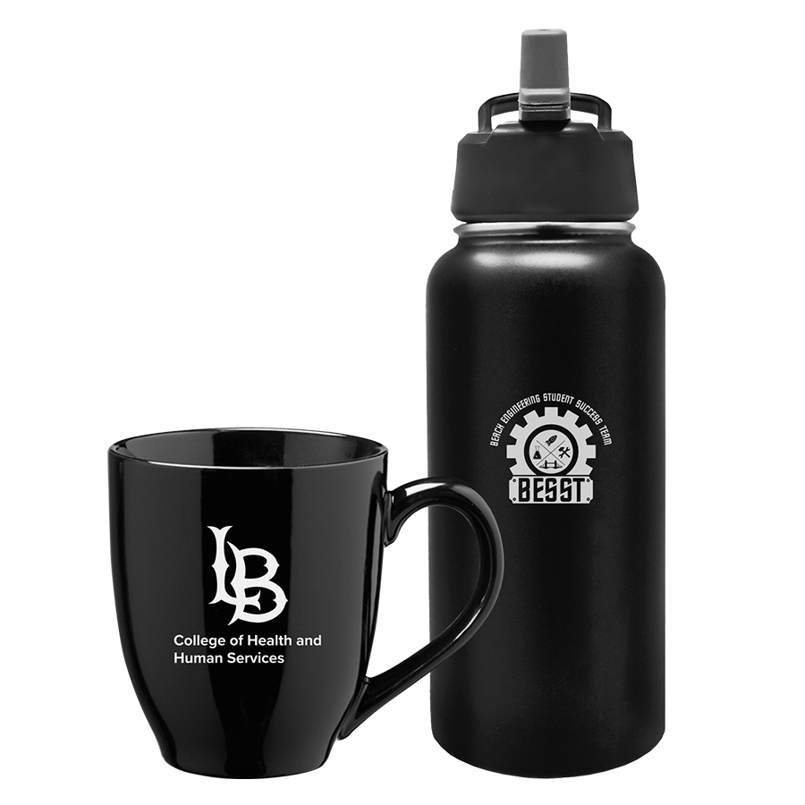 A mug and water bottle with custom logos to display examples of custom ordered drinkware. 