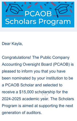 PCAOB Congrats sms to Scholars Program Kayla Doan 