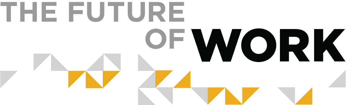 Text that reads "The future of work" next to yellow and gray triangles. 