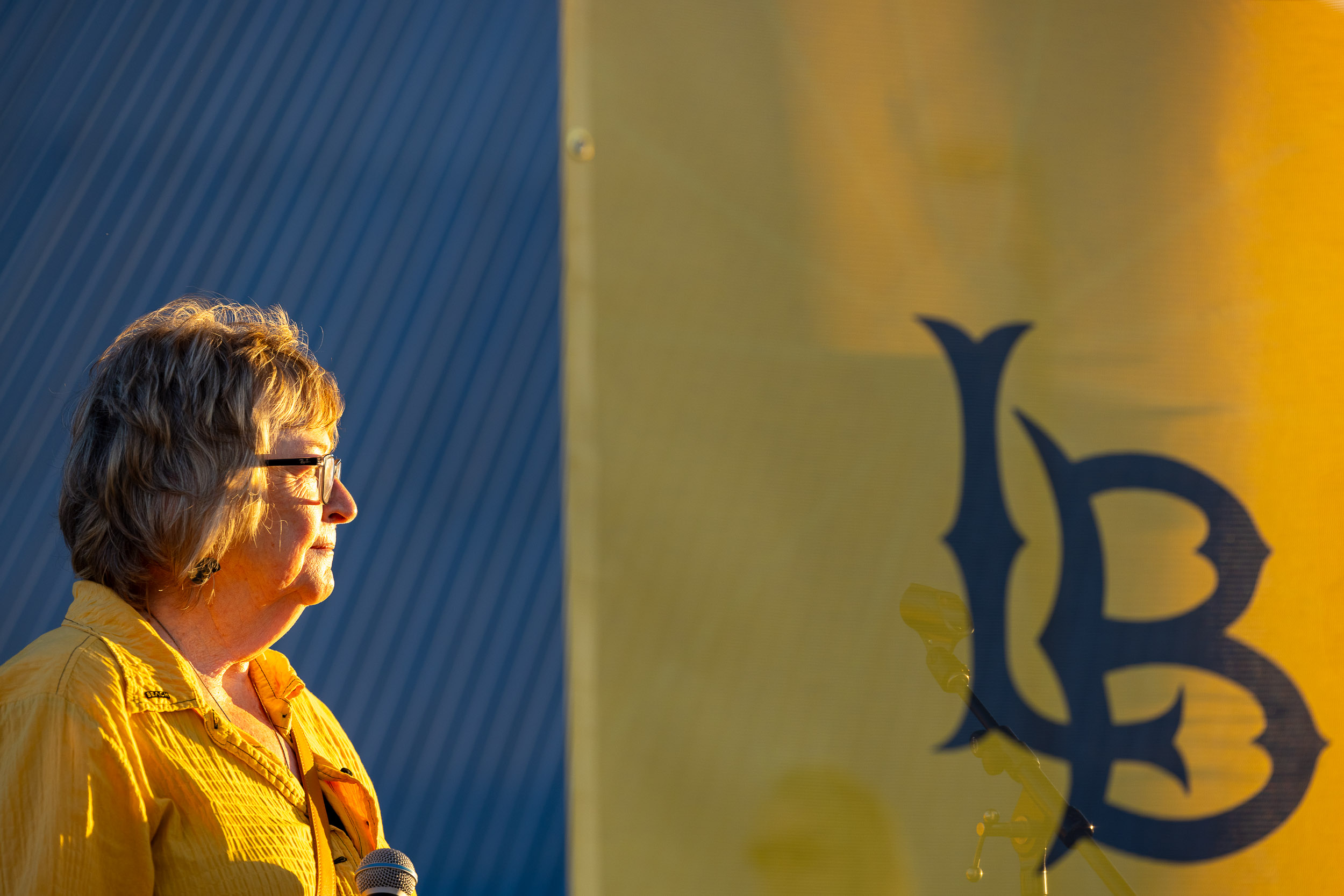 President Jane Close Conoley, with banner bearing "LB" logo in background