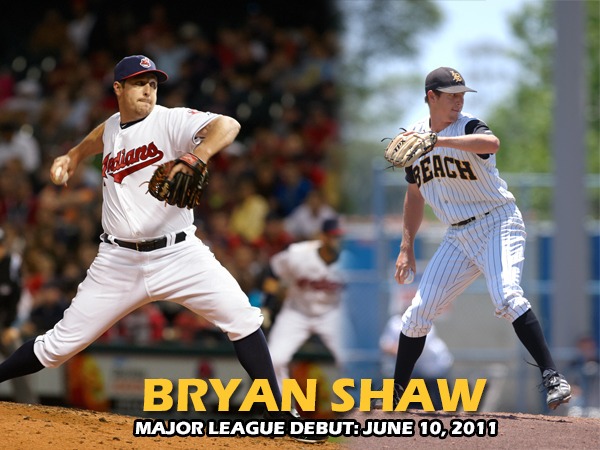 Two photos of Bryan Shaw pitching, one in a Cleveland MLB team uniform and another in a Long Beach State Uniform