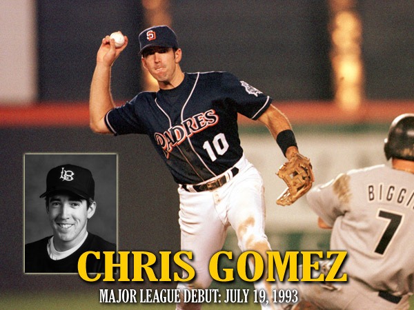 A photo of Chris Gomez fielding a baseball in a San Diego Padres uniform with an inset of a portrait of him wearing a Long Beach State cap.