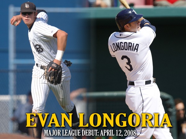 A photo of Evan Longoria fielding in a Long Beach State uniform and a photo of him swinging a bat in a Tampa Bay Rays uniform