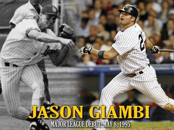 Two photos of Jason Giambi, one throwing a ball in a Long Beach State uniform and completing a swing in a Yankees uniform