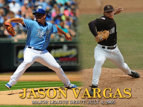 Two photos of Jason Vargas pitching, one in a Kansas City Royals uniform and another in a Long Beach State uniform