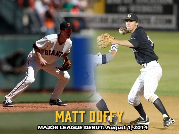 Two photos of Matt Duffy fielding, one in a San Francisco Giants uniform and another in a Long Beach State uniform