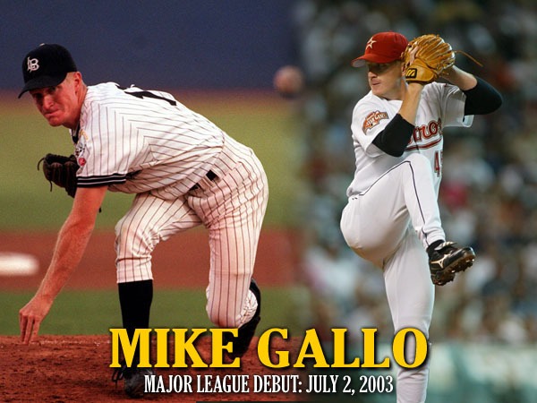 Two photos of Mike Gallo pitching, one in a Long Beach State uniform and the second in a Houston Astros uniform