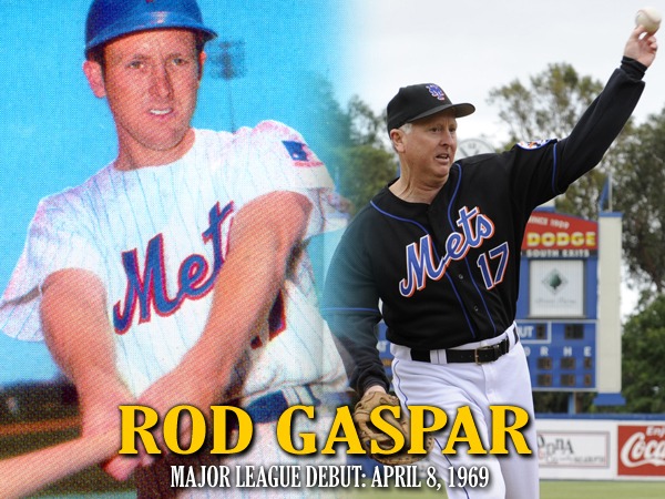 Two photos of Rod Gaspar, one as a young man in a Mets uniform and another as an older adult in a black Mets uniform