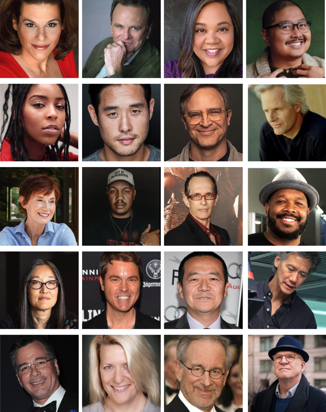 A grid of 20 headshots shows a diverse group of individuals with varied expressions, posing in studio and casual settings.