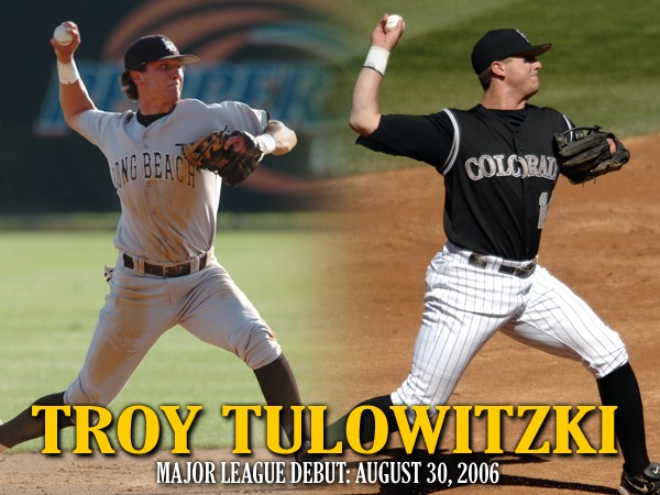 Two photos of Troy Tulowitzki throwing a baseball, one in a Long Beach State uniform and another in a Colorado Rockies uniform