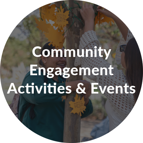 Two students stand next to a tree. Works over the image read, "Community and Engagement Events."