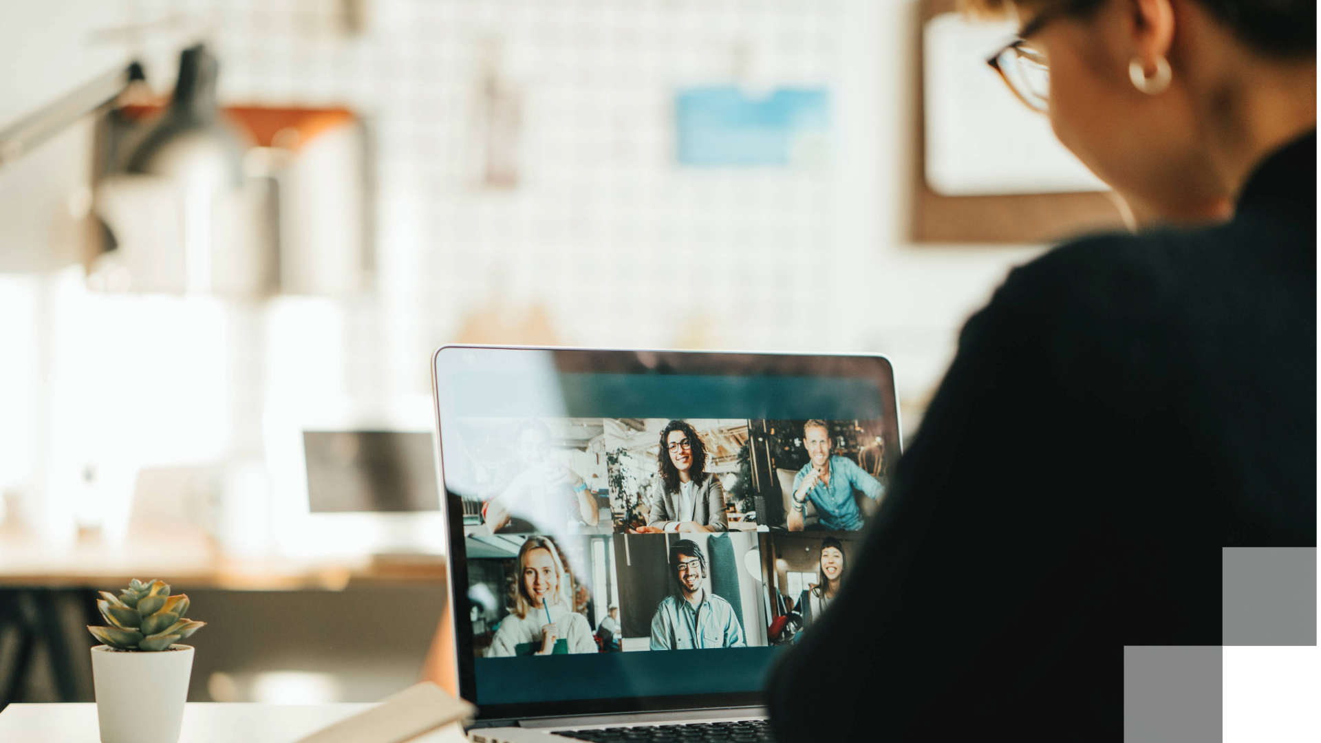 A woman chats on a video call. 