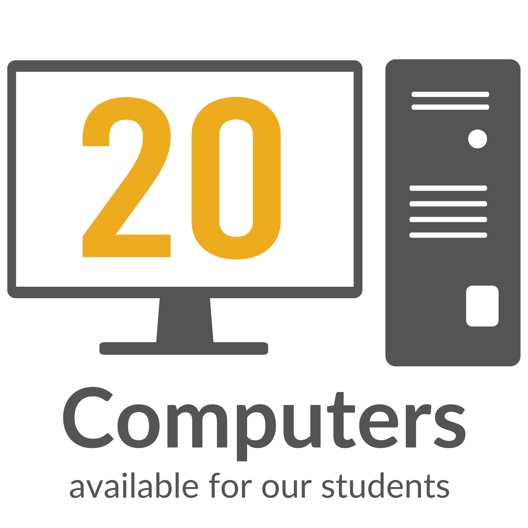 A computer with text "20 Computers available for our students"