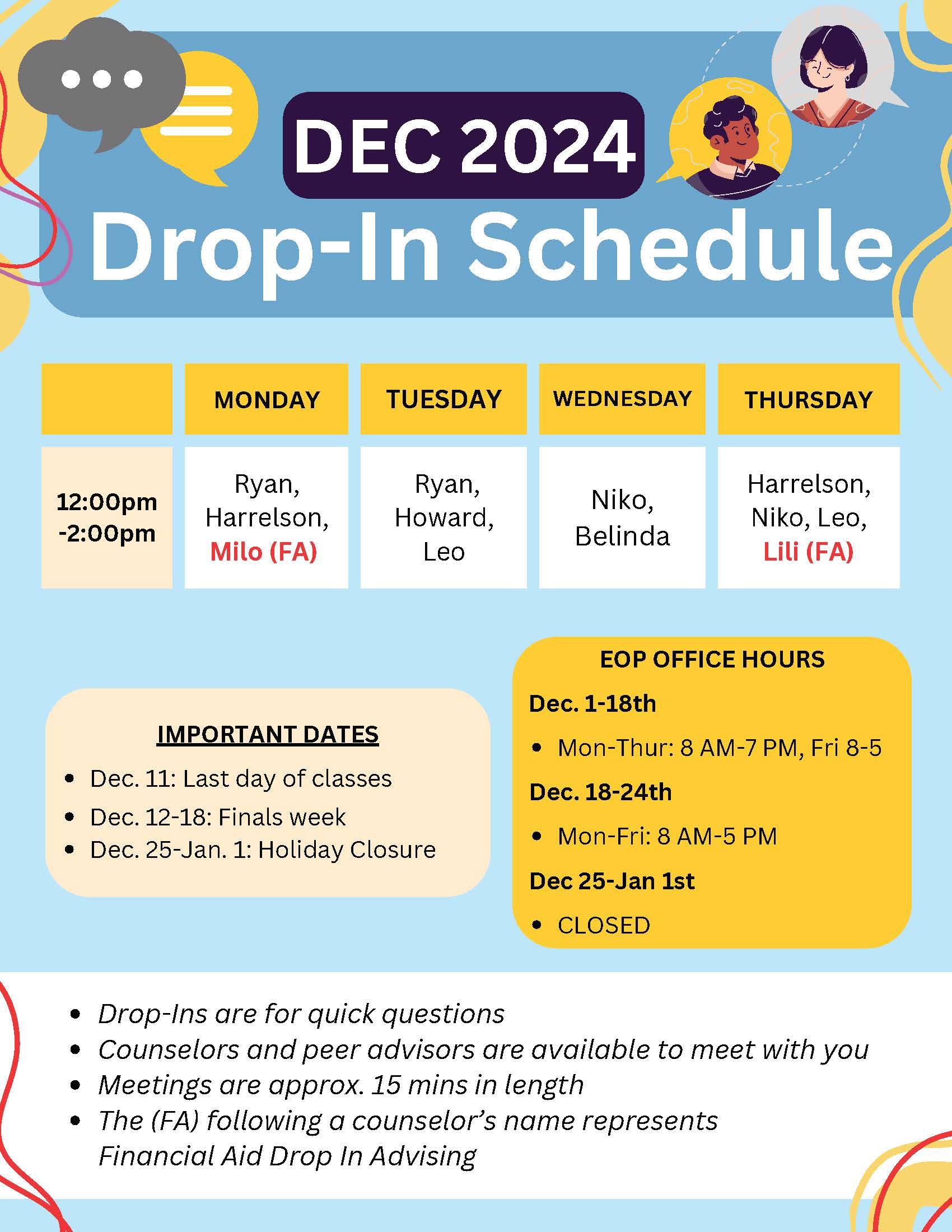 EOP December 2024 Drop-In Advising Schedule