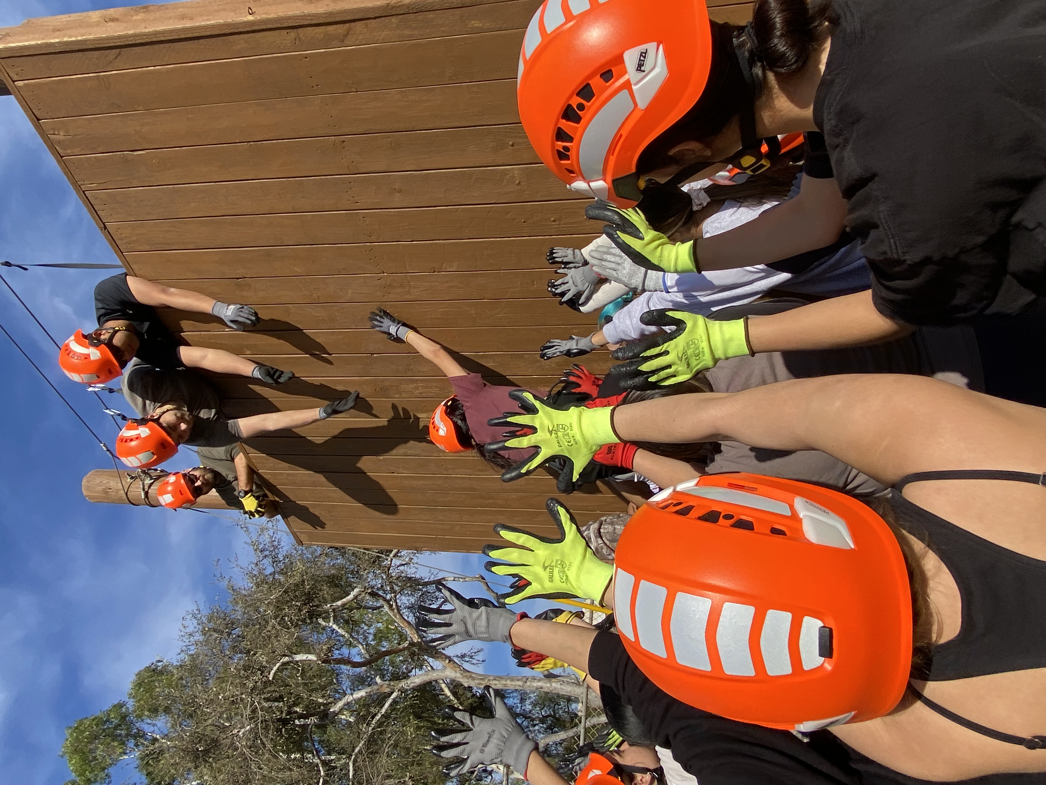 students climbing wall