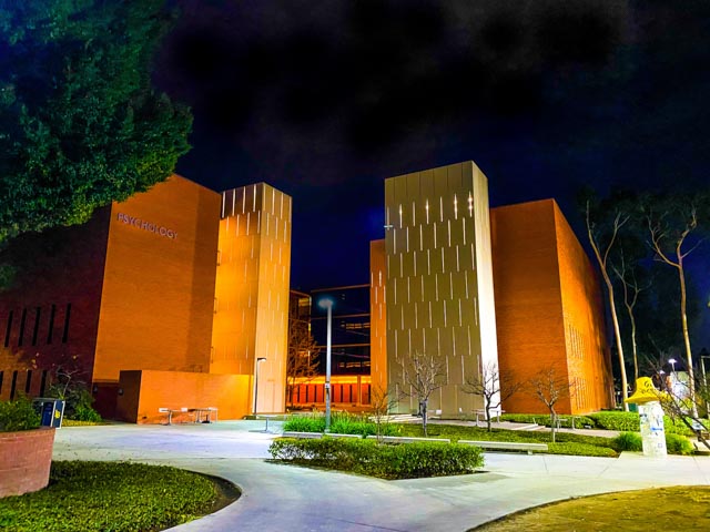 CSULB psychology building at night 