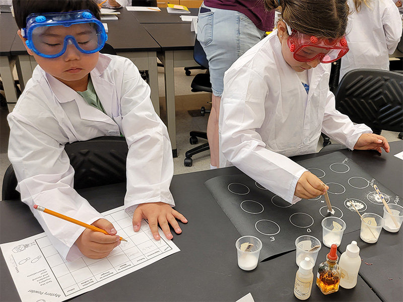 children in lab coats observing powder samples