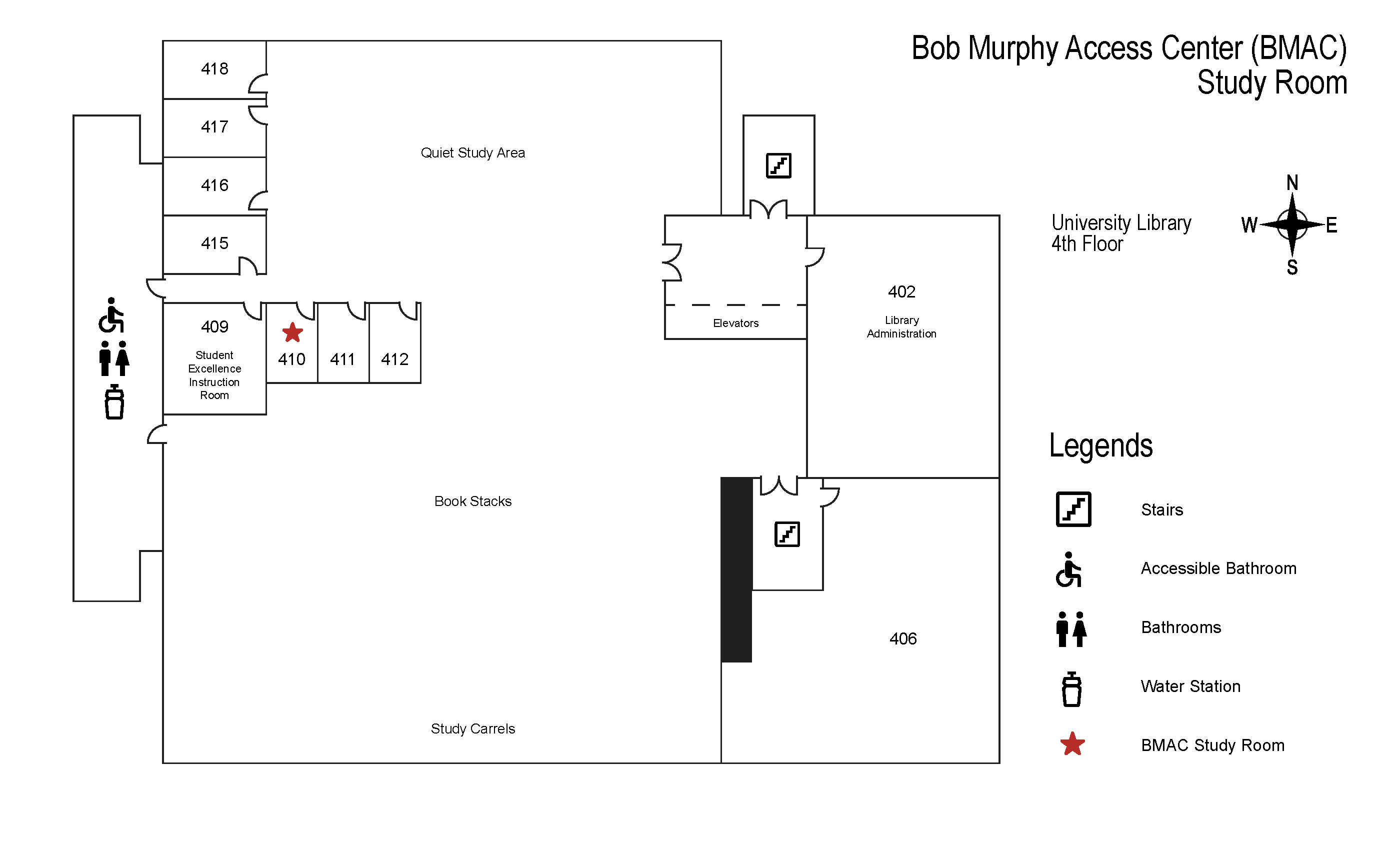 BMAC Study Room within the floorplan of University Library's 4th floor level. BMAC Study Room is Room 410.