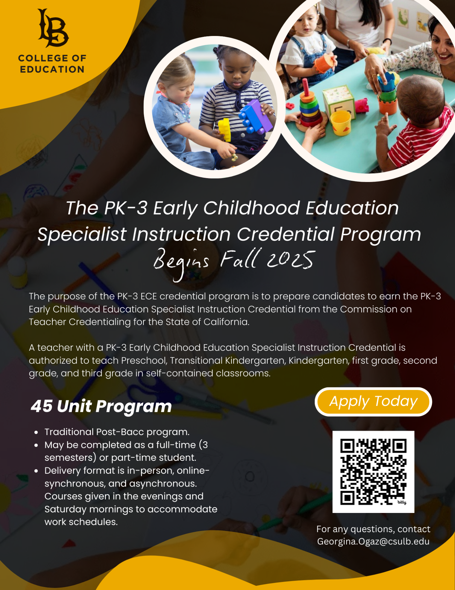 A flyer promoting the PK-3 ECE credential program for Fall 2025.