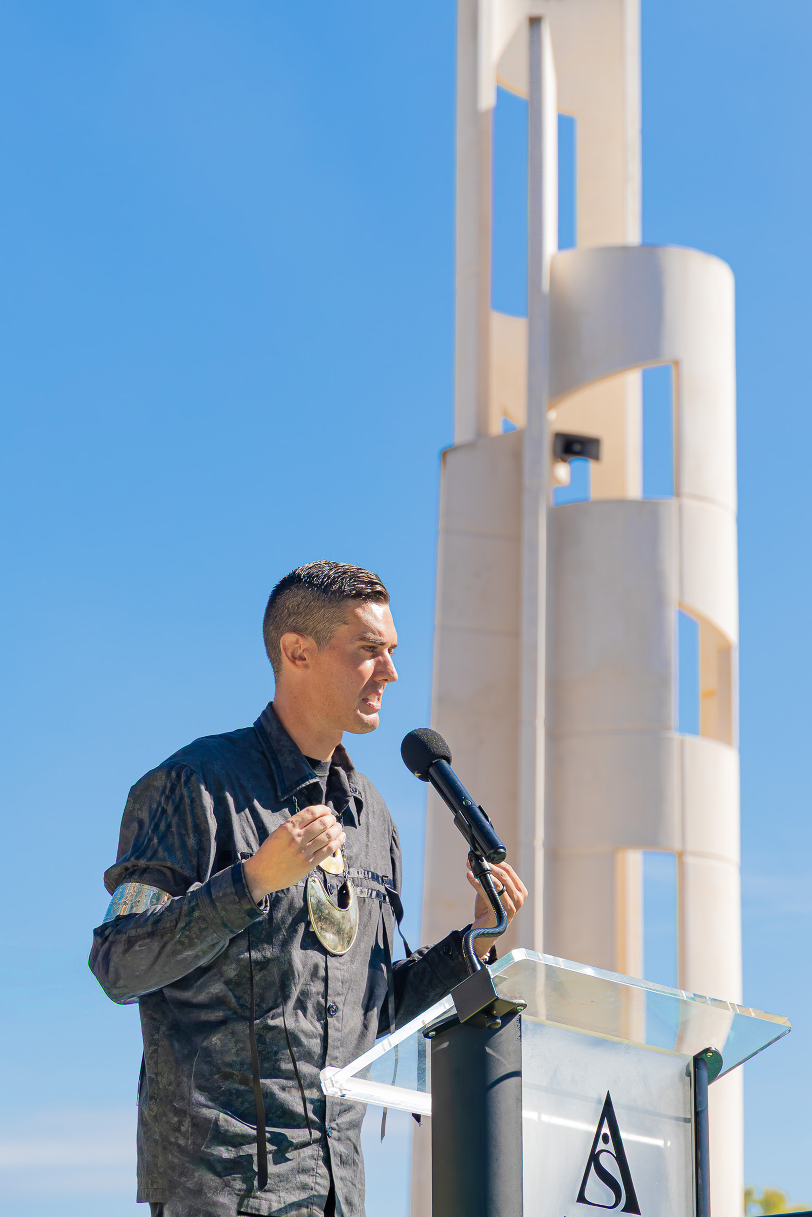 Assistant professor T.J. Reed delivers the Land Acknowledgement at the Future U groundbreaking