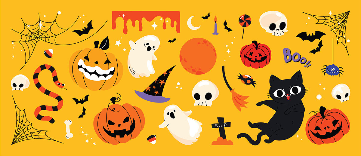 halloween-themed icons: black cat, jack-o-lanterns, skulls, ghosts, spiders, bats