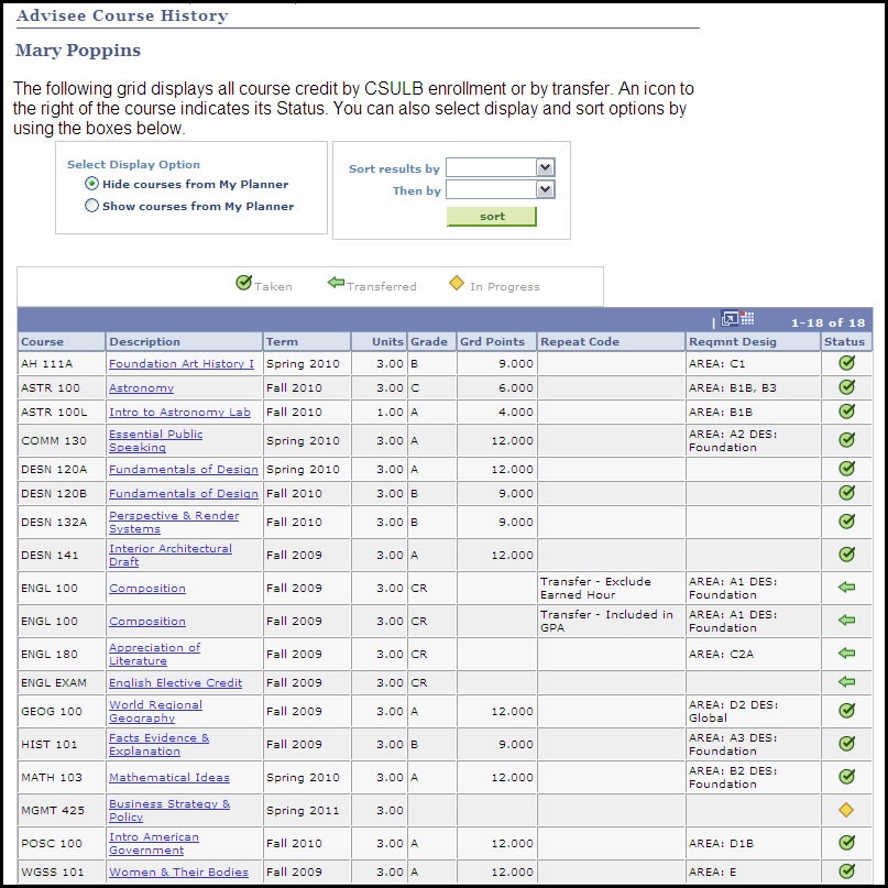 advisee course history page