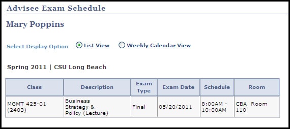 advisee exam schedule page