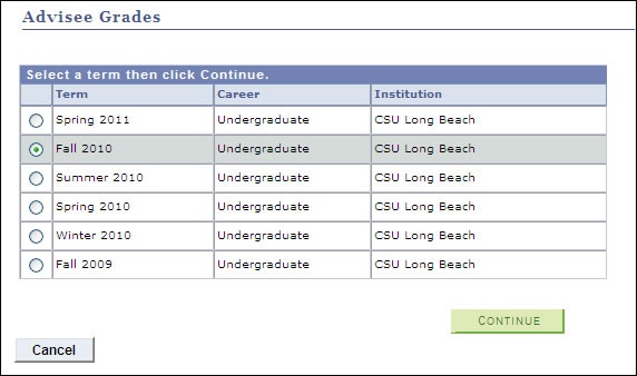 advisee grades term select page