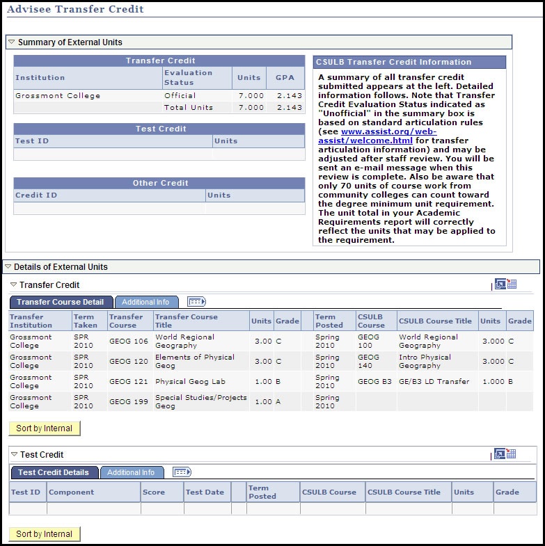 advisee transfer credit page