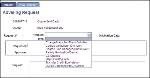 advising request drop down