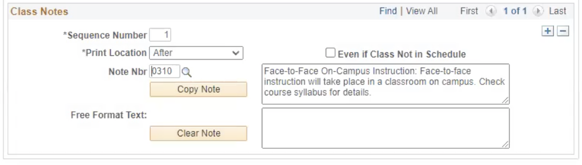 The Notes section with "0310 Face to Face on Campus Instr." 