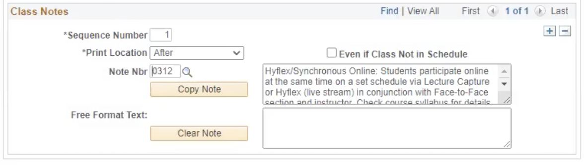 The Notes tab with "0312 Hyflex/Synchronous Online" selected