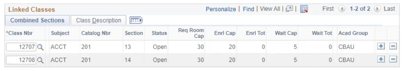 The Linked Classes table with both sections entered