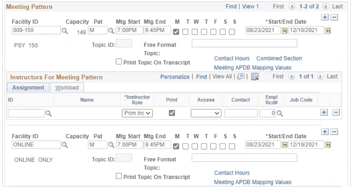 The Meeting Patterns tab with both sections entered