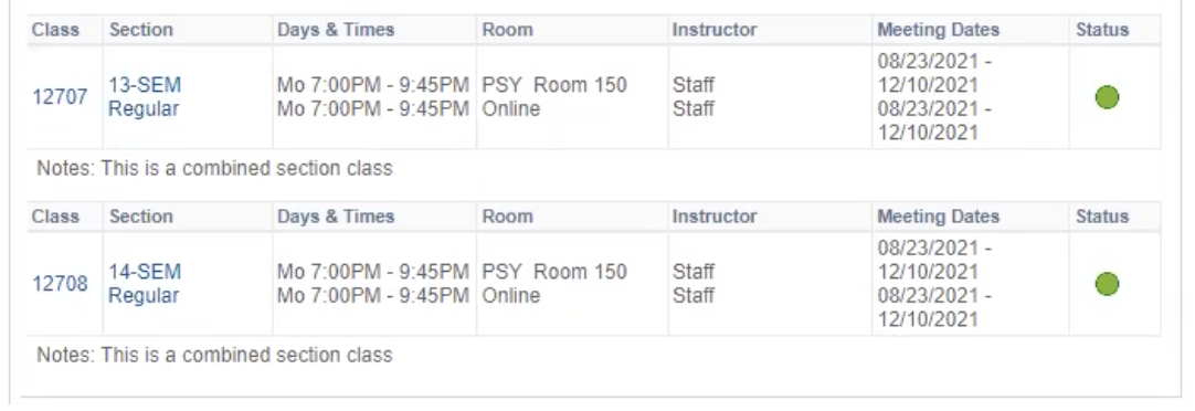 The Schedule of Classes showing the Hyflex class, with a fac