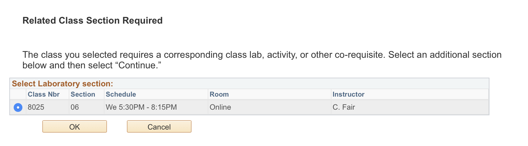 Related Class Section menu