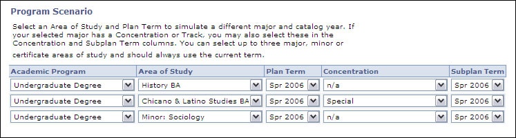 picture of the what if program scenario selections