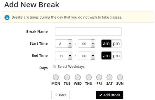 Screen shot of the Add Break page